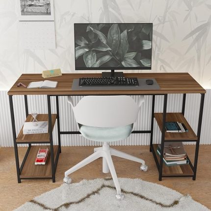 Çalışma Masası, Kitaplıklı, 140x50 cm, Ceviz-Siyah Metal, Ev ve Ofis için Bilgisayar Masası