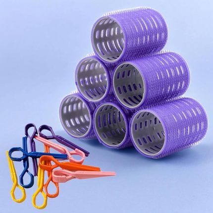 1215 Büyük Boy Bigudi 6Lı + Saç Pensi 10lu (Cırtlı - Yapışkanlı Bigudi) Mor