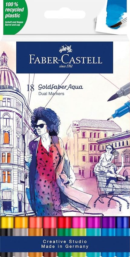 Goldfaber Aqua Çift Uç Markör 18’li, Yüksek Pigmentli, Kalıcı ve Canlı Renkler, Fırça ve Fineliner, Çevre Dostu