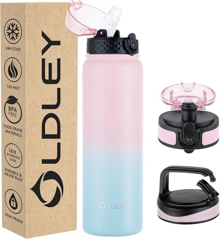 Paslanmaz çelik pipetli su şişesi 1 l vakum yalıtımlı büyük içecek şişesi, metal su şişesi, 1 litre sızdırmaz içecekleri sıcak soğuk tutar, bisiklet, kamp, spor, spor salonu için farklı kapaklı