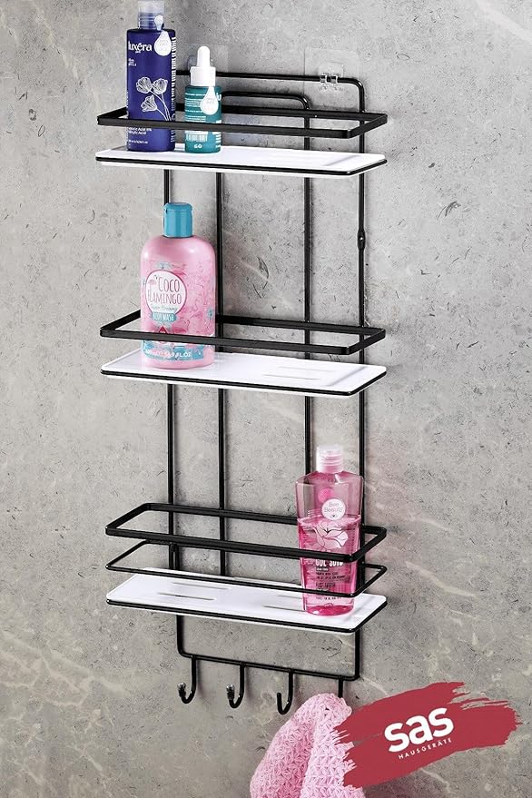 Ömür Boyu Paslanmaz Ayarlanabilir Raf Banyo Düzenleyici Şampuanlık Siyah - Beyaz LŞ-03