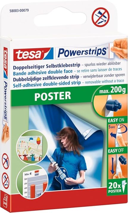 Powerstrips POSTER - Poster ve afişler için çift taraflı yapışkan bant - kendinden yapışkanlı ve çok kez kullanılabilir - 200 grama kadar tutma gücü - 20 adet