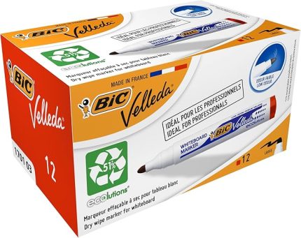 Velleda 1701 Eco Yuvarlak Uçlu Beyaz Tahta Kalemi, Kırmızı, 12'li Kutu, Kolay Silinebilen Mürekkep, Sabit Yuvarlak Uç