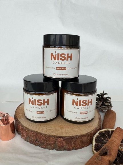 Soya Wax Üçlü Mum Seti – Sandal Ağacı, Vanilya ve Amber Kokulu