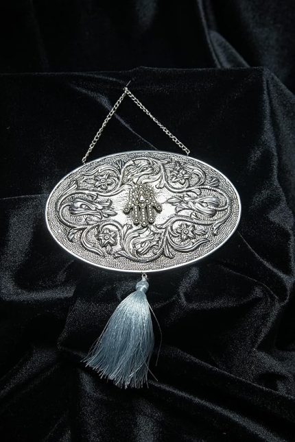 Design.925 Ayar Gümüş El Yapımı Duvar Aynası, Gri Püsküllü Fatma'nın Eli Motifli