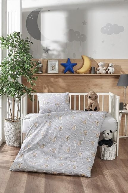 Doğal Pamuk Akfil Kumaş Bebek Nevresim Takımı, Gri