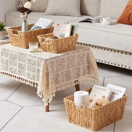 El Yapımı Hasır Dikdörtgen Dekoratif Sepet, Hasır Dikdörtgen Dekoratif Tepsi 3 Model Seçenekli (34 * 26 * 13cm) (ORTA)