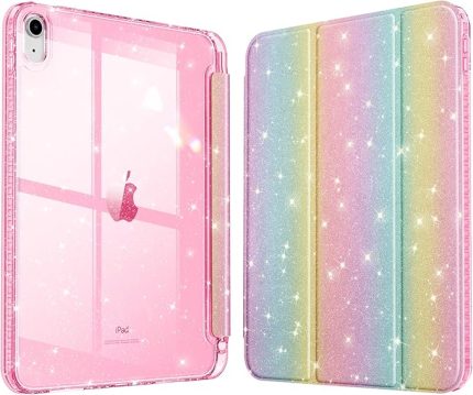 iPad 11./10. nesil (2025/2022 A16 çip) için parıltılı kılıf, kalem tutuculu - şeffaf ince koruyucu kılıf, darbeye dayanıklı ve parıltılı şeffaf arka taraf kızlar/çocuklar için, gökkuşağı