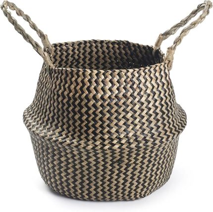 Seagrass Sepeti Örgülü Çiçek Saksısı Bitki Sepeti Çamaşır Sepeti, Bitki Oyuncak Depolama için Saplı (Siyah Dalga 32x28 cm)
