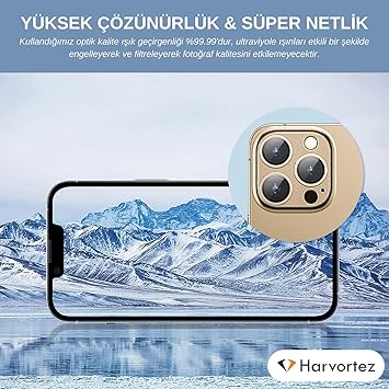 iPhone 11/12 Mini için Tek Parça Darbeye Dayanıklı Kamera Lens Koruyucu, Gece Çekim Modu Uyumlu, HD Alüminyum Alaşım Çerçeveli 9H Sertliğinde Temperli Cam (Gold) - Görsel 5