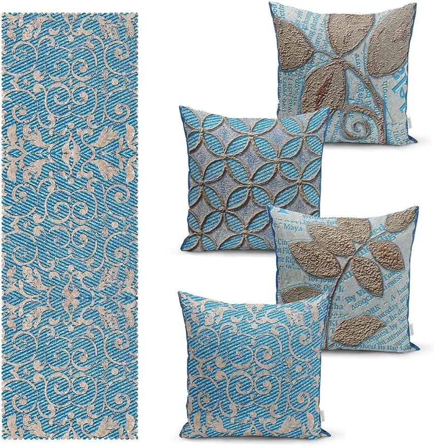 Damask Tasarımlı Turkuaz Kırlent Kılıfı 4 Adet ve Tekli Runner