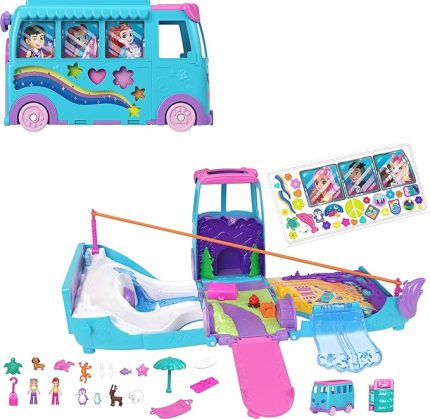 POCKET™ KARAVAN MACERASI™ Polly Pocket Karavan Macerası oyun seti, mikro bebekler, dönüştürülebilir karavan, evcil hayvanlar ve oyuncak araba JCC22