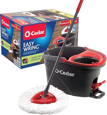 EasyWring Mikrofiber Spin Mop, Kovalı Zemin Temizleme Sistemi, Kırmızı, Gri