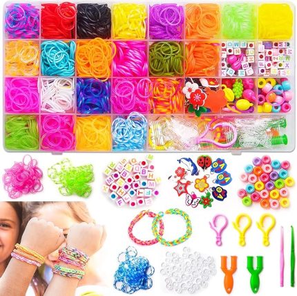 Sunte 32 renkli Loom bant seti, 1500 halka lastik hediye, 7 – 14 yaş arası çocuklar için, Loom bant aksesuarı, güzel desenli kolye uçlu, meyve alfabe boncukları, saklama kutusu, örgü