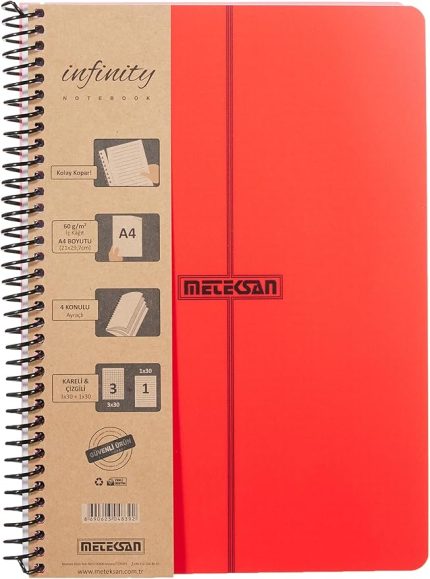Infinity Primary Serisi, A4, 4 Konulu (3 Kareli, 1 Çizgili) 120 Yaprak PP Kapaklı Spiralli Defter, Kırmızı