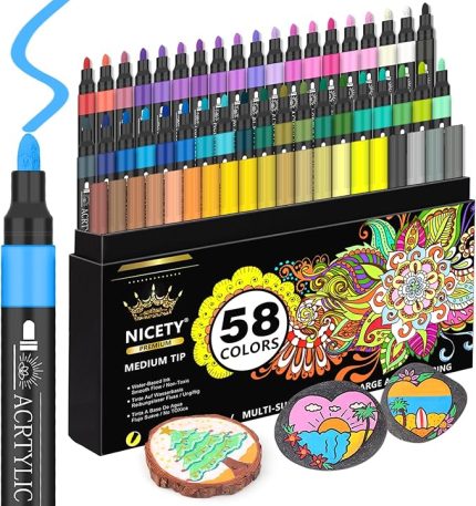 58 Renk Akrilik Boya Kalemleri - 3 mm Orta Uçlu Boya İşaretleyicileri Taş Cam Ahşap Porselen Seramik Kumaş için Kaya Boyama Kalemleri - Yetişkinler için Su Bazlı Akrilik Kalemler