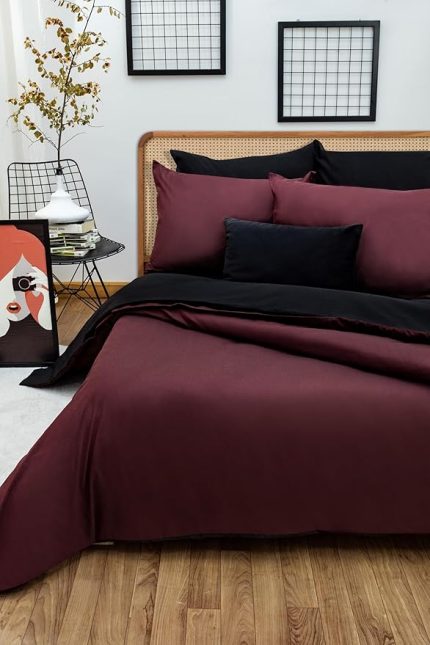 PARKER Çift Kişilik Nevresim Takımı-Kolay Ütü (Lastikli Çarşaf+Çift Yönlü Yorgan Kılıfı+Yastık Kılıfı) (Bordo-Siyah, 180x200)
