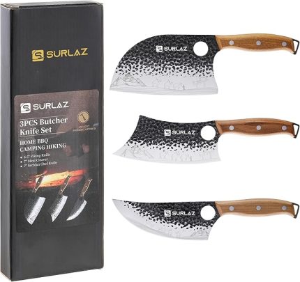 Bıçak Seti – 3’lü Et ve Mutfak Bıçağı: Sırp Şef Bıçak, Satır Bıçağı, Viking Bıçak – Ergonomik Ahşap Saplı, El Dövmesi Desenli, Paslanmaz Çelik
