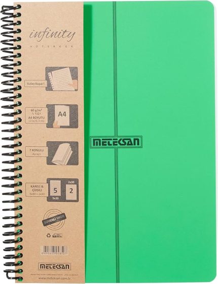 Infinity Primary Serisi, A4, 7 Konulu (5 Kareli, 2 Çizgili) 210 Yaprak PP Kapaklı Spiralli Defter, Yeşil