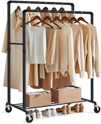 elbise askısı, elbise askısı, 2 elbise askısı ve raflı elbise askısı, tekerlekler, 110 kg'a kadar yük kapasitesi, endüstriyel tasarım, yatak odası, giyinme odası için, siyah HSR60B