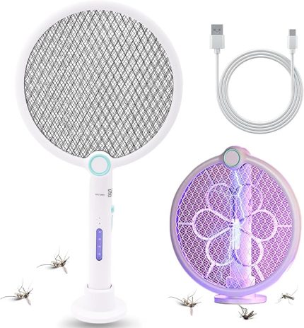 Elektrikli sinek raketi, ekstra güçlü, 4000 V, 2'si 1 arada USB katlanabilir sinek raketi, elektrikli, 1200 mAh şarj edilebilir pil, LED ışık, UV ışık tuzağı, 3 katmanlı koruma ağı, beyaz