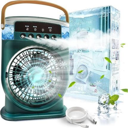 Buharlı Vantilatör - Ultra Güçlü 3 Kademe Soğutucu Fan, 5 Seviye Buhar Üfleme, 600 ml Su Kapasitesi, Uzun Şarj Ömrü, 180 Derece Manevralı, Ev Ofis Kamp İçin Kablosuz Portatif Vantilatör