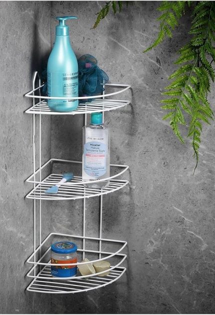 Boyu Paslanmaz Yapışkanlı Banyo Köşeliği Düzenleyici Şampuanlık Duş Rafı Beyaz Ek-03