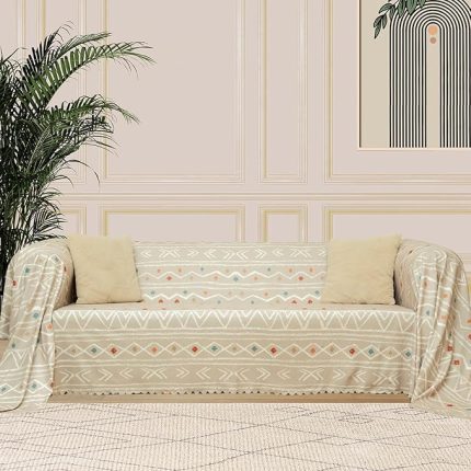 CONCEPT SoftMicro Boho Etnik Desenli Mikrofiber Koltuk Örtüsü ve Şalı, Kaymaz Bej 180x300 cm