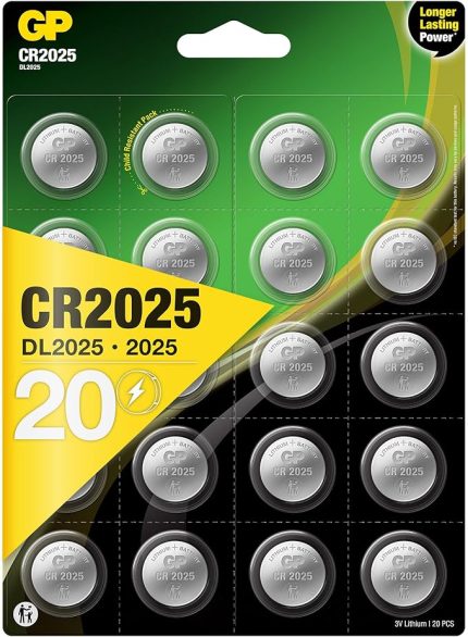 Batteries CR2025 2025 Boy Lityum Düğme Pil, 3 Volt, 20'li Kart, Gri