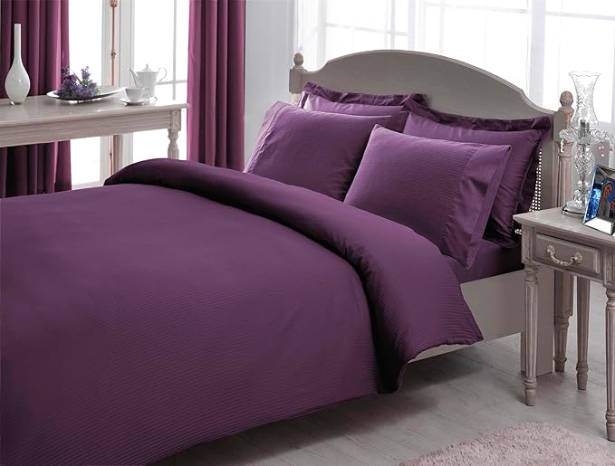 Basic Stripe Düz %100 Pamuk Nevresim Takımı, Mürdüm, Çift Kişilik