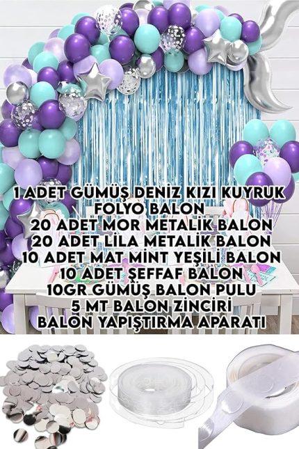 dolabı 60 Balonlu Gümüş Deniz Kızı Kuyruk Folyo Balonlu Balon Zinciri Doğum Günü Süs Dekorasyon Seti