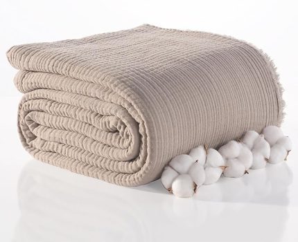 TEKSTIL Müslin Yatak Örtüsü Çift Kişilik, Şık Düz Renk Ultra Yumuşak Yüksek Kaliteli 100% Pamuk 4 Kat Muslin Pike, Denizli Üretimi (Boz Kahve, Çift Kişilik (220x240 cm))