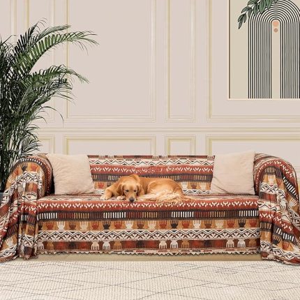 CONCEPT SoftMicro Boho Etnik Desenli Mikrofiber Koltuk Örtüsü ve Şalı, Kaymaz Toprak 180x300 cm