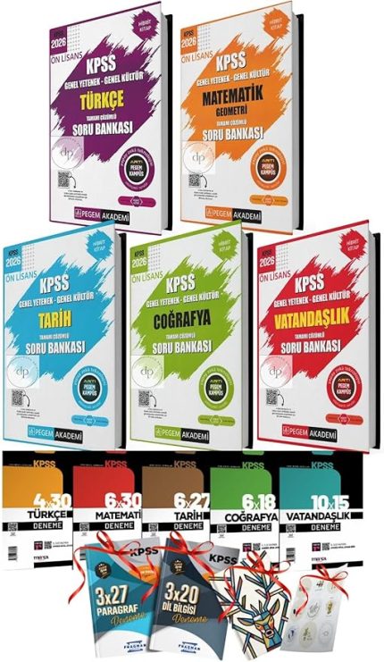 Akademi Yayıncılık 2026 Önlisans KPSS GYGK Pegem 5li Soru Bankası Seti Ve 2026 Kpss 5li Branş Deneme Seti 4 Hediyeli Önlisans Türkçe Matematik Coğrafya Tarih Vatandaşlık Soru Bankası