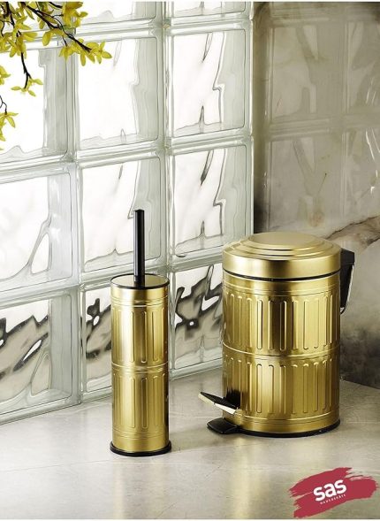 Çöp Kovası Tuvalet Wc Fırçası Banyo Çöp Kovası 2li Banyo Seti 5 Litre Gold Vintage