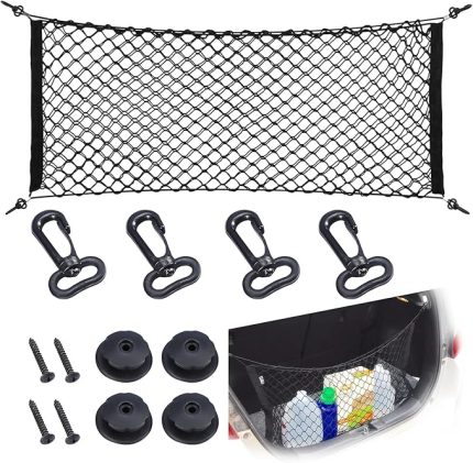 Bagaj filesi, naylon, plastik, siyah, araç saklama çantası, esnek araç ağı, kamyon arka filesi, bagaj filesi, düzenleyici, kancalı çanta (90 x 40 cm)