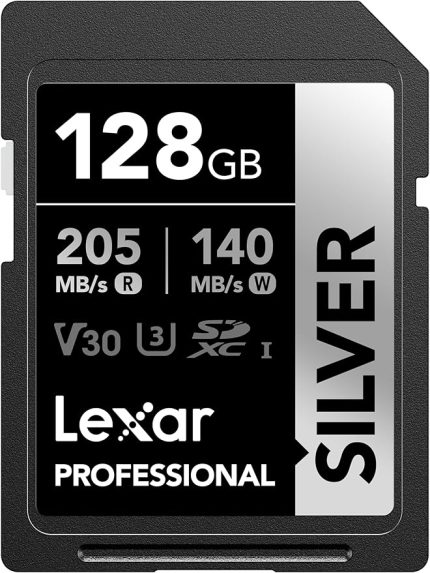 128 GB Profesyonel Gümüş SDXC Hafıza Kartı, UHS-I, C10, U3, V30, 4K Video, 205/140 MB/s'ye Kadar Okuma/Yazma, Profesyonel Fotoğrafçı, Video Görüşçü, Meraklısı (LSDSILV128G-BNNNU)