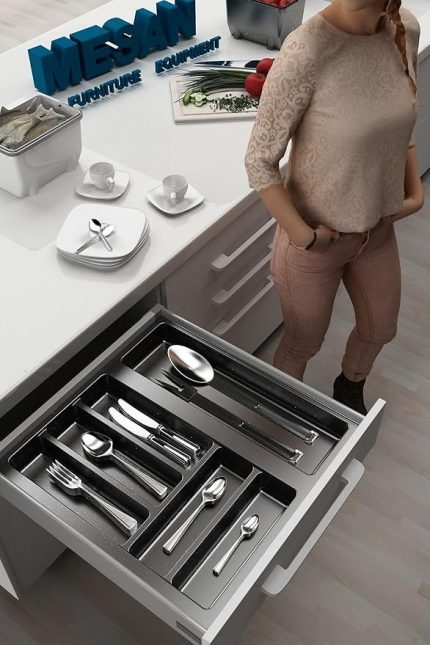 Mutfak Çekmece Içi Düzenleyici, Kaşıklık 44Cm X 48Cm Yanlar Ve Boydan 4Cm Kesilebilir, Antrasit