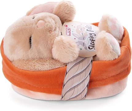 48708 Soft Toy Sleeping Pets Bunny Caramel in Peach Basket 12cm