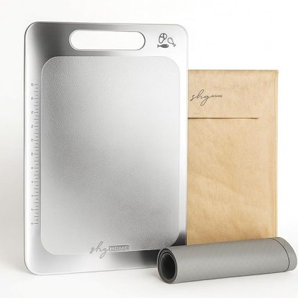 Home Özel Tasarımlı 304 Paslanmaz Çelik Kesme Tahtası 3lü set (Saklama Kılıfı, Kesme Tahtası ve Silikon Kaydırmaz Mat)1,5 mm Kalınlık, 23 X 34 cm Yıkanabilir, Gıda Temasına Uygun, Hijyenik