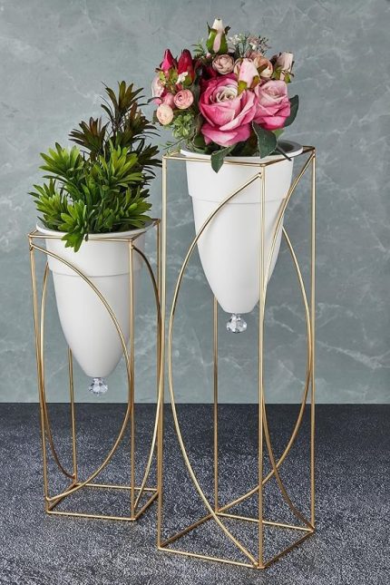 2'li Gold Ayaklı Dekoratif Beyaz Saksı