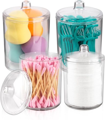 home Qtip Tutucu, Makyaj Makyaj Düzenleyici Depolama, Kapaklı Şeffaf Plastik Eczacı Kavanozları, Banyo Pamuklu Çubuk Dispenseri, 2x10oz ve 2x7oz, 4'lü Paket, Kahverengi Ahşap Kapaklar,