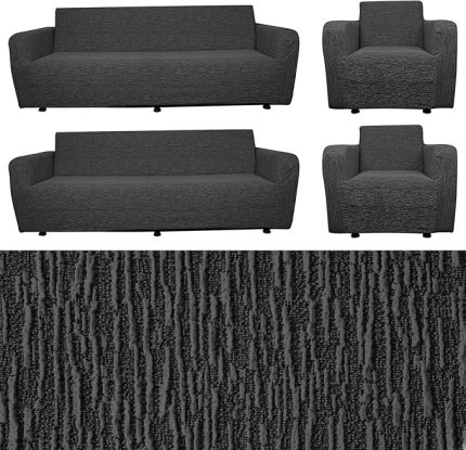 Lastikli Koltuk Örtüsü Takımı, 3'lü Kanepe ve 1'li Koltuk Kılıfı, Akarlı Düz Desen, 3+3+1+1+ renk antirasit