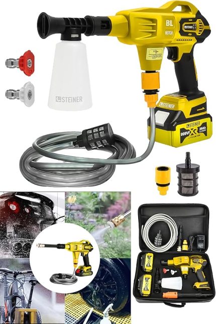 Alman 999 Vf 20 Ah 100 Bar Kömürsüz Şarjlı Oto Yıkama Makinesi Çift Akülü Bahçe Yıkama Makinası Sarı