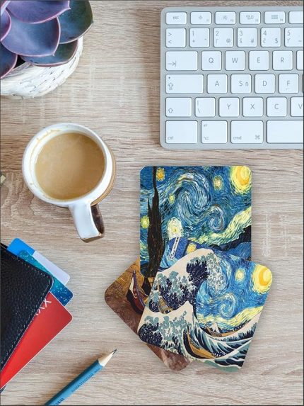 Van Gogh Temalı Ahşap Bardak Altlığı Ahşap Baskılı Altlık 6'lı set (9 x9CM) karbonNM14