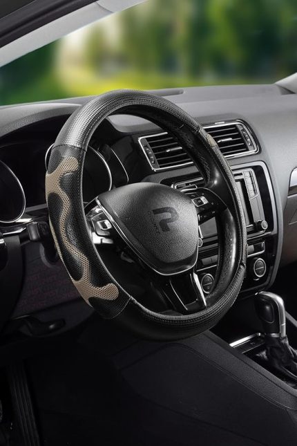 Silikon-Karbon Lüks Geçmeli Direksiyon Kılıfı / 38 CM, Siyah Bej