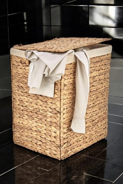 Yapımı Doğal Hasır Katlanabilir Kirli Çamaşır Sepeti, Modern Çamaşır Sepeti, Katlananır Yer Kaplamayan Rattan Kirli Çamaşır Sepeti (44X34cmYükseklik 54cm)