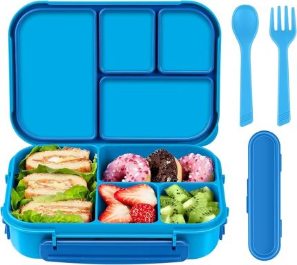 Lunch Box for Kids,Bento Box çocuk beslenme kutusu,Yetişkin Öğle Yemeği Kutusu,1200ML-4 Bölmeli Sosluklu ve Çatal Bıçaklı Öğle yemeği kapları,Mikrodalga Bulaşık Makinesi (Mavi)