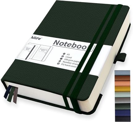 A5 Çizgili Not Defteri, 360 Sayfalı Defter, Kalın 100 G/M² Mürekkebe Dayanıklı Kağıt, Pu-Sert Kapaklı Defter, İç Cep, Elastik Bant(Green)
