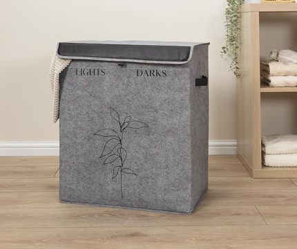 Kapısı Felted Deri Detaylı Lüks Keçe 2 Gözlü Çamaşır Sepeti (2 Gözlü)